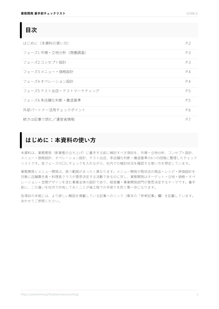 業態開発 着手前チェックリスト（PDF目次ページ）のプレビュー画像